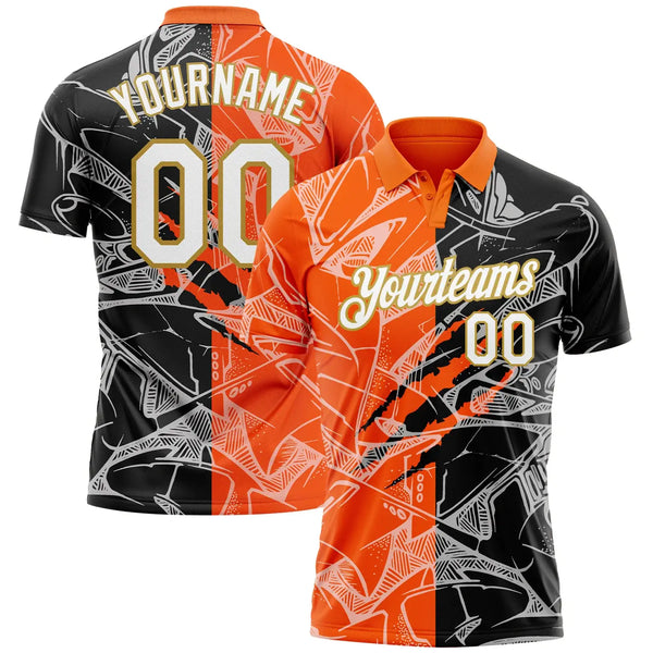 Custom Graffiti Pattern Golf Polo Shirt White Orange Old Gold 3D Scratch Performance Sublimation, Custom Logo, Men Women Unisex