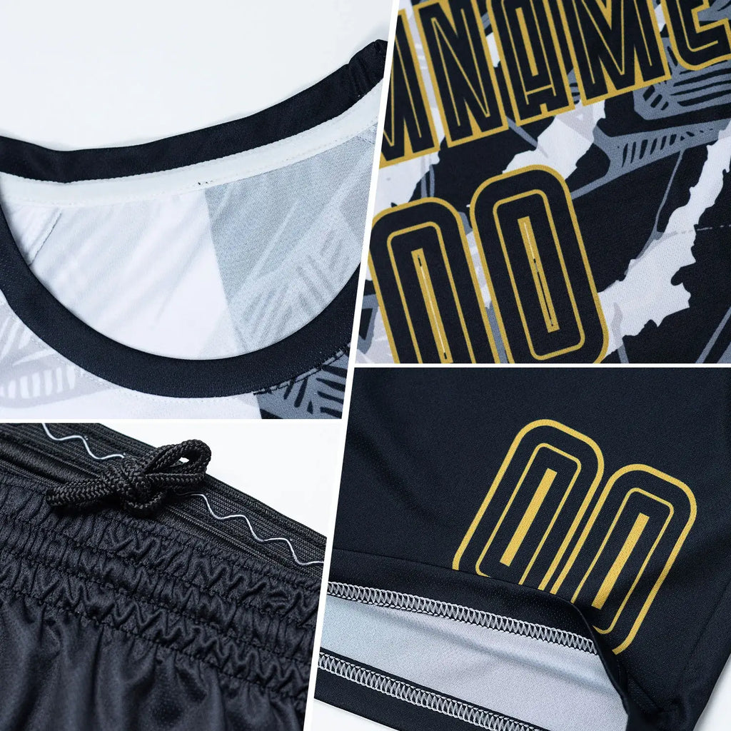 Custom Soccer Jersey Graffiti Pattern Black Old Gold Scratch Sublimation, Team Uniform Kit, Custom Name Number, Unisex Men Women Youth