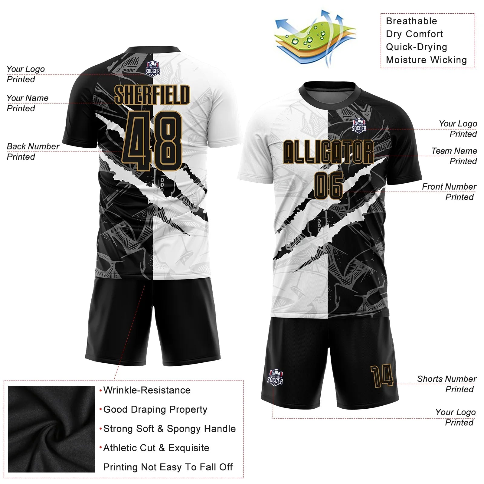 Custom Soccer Jersey Graffiti Pattern Black Old Gold Scratch Sublimation, Team Uniform Kit, Custom Name Number, Unisex Men Women Youth