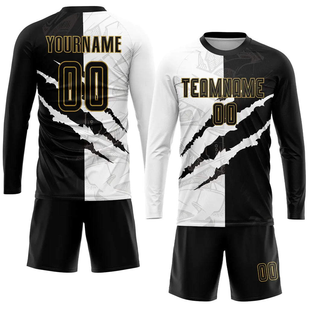 Custom Soccer Jersey Graffiti Pattern Black Old Gold Scratch Sublimation, Team Uniform Kit, Custom Name Number, Unisex Men Women Youth