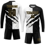 Custom Soccer Jersey Graffiti Pattern Black Old Gold Scratch Sublimation, Team Uniform Kit, Custom Name Number, Unisex Men Women Youth