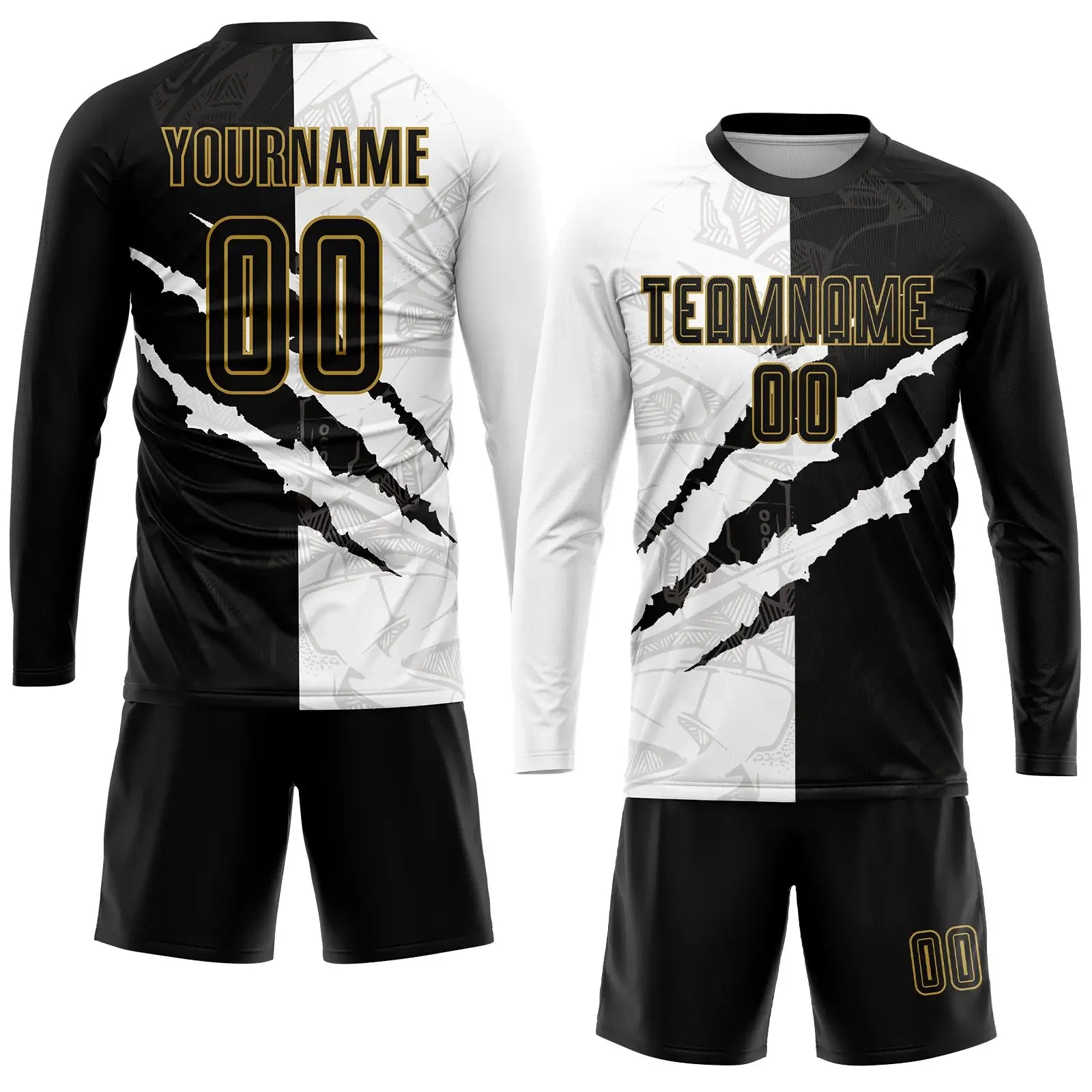 Custom Soccer Jersey Graffiti Pattern Black Old Gold Scratch Sublimation, Team Uniform Kit, Custom Name Number, Unisex Men Women Youth