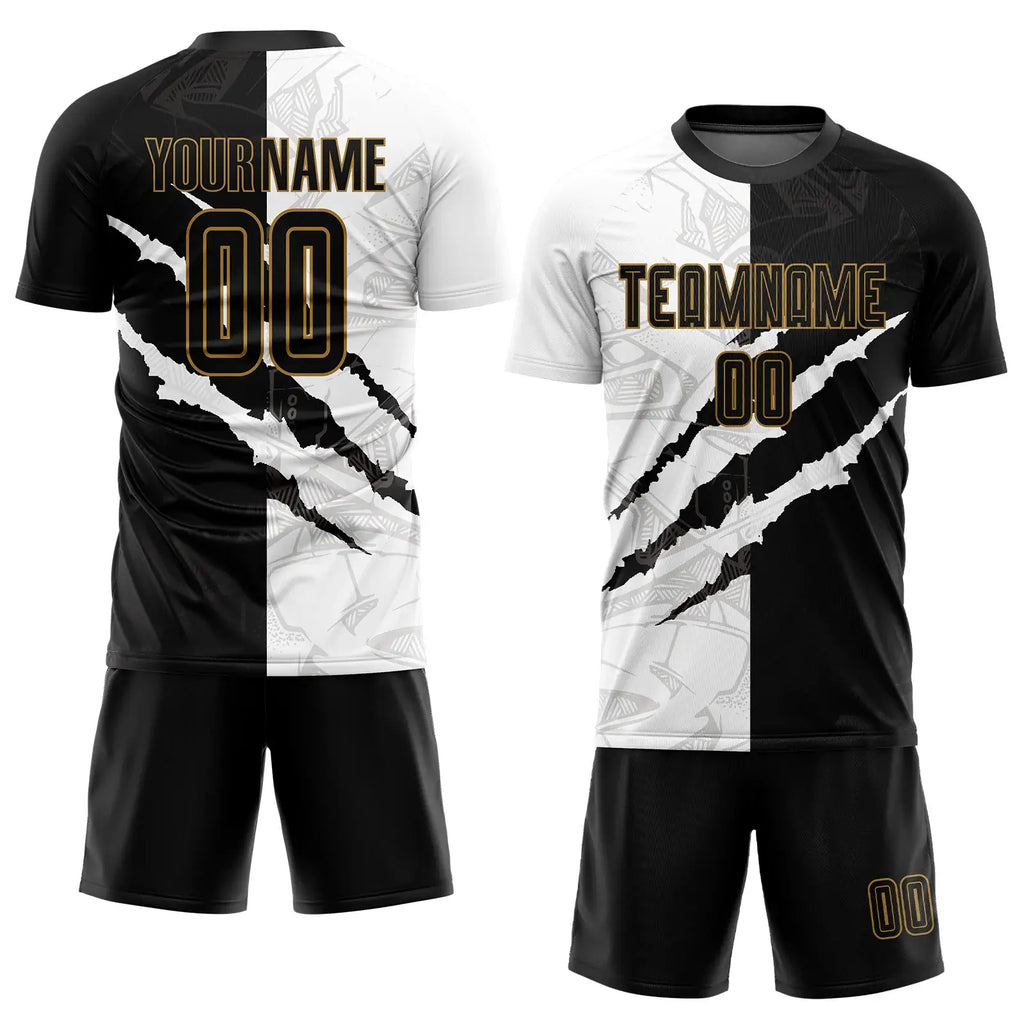 Custom Soccer Jersey Graffiti Pattern Black Old Gold Scratch Sublimation, Team Uniform Kit, Custom Name Number, Unisex Men Women Youth