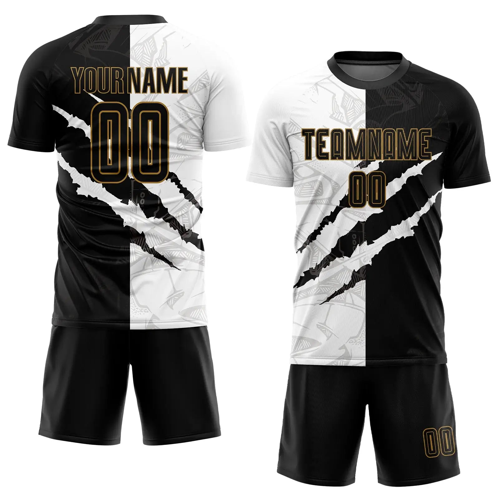 Custom Soccer Jersey Graffiti Pattern Black Old Gold Scratch Sublimation, Team Uniform Kit, Custom Name Number, Unisex Men Women Youth