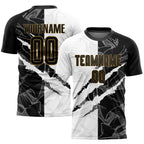Custom Soccer Jersey Graffiti Pattern Black Old Gold Scratch Sublimation, Team Uniform Kit, Custom Name Number, Unisex Men Women Youth