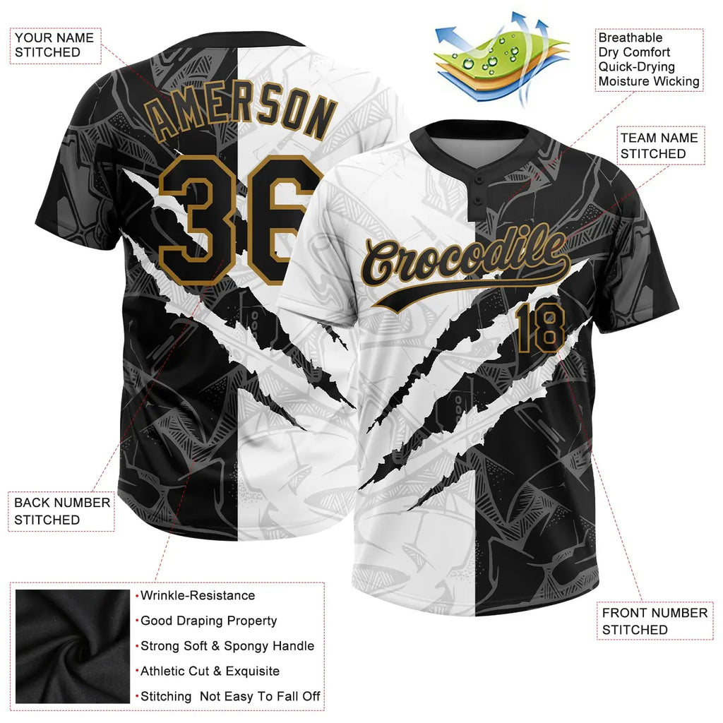 Custom 2-Button Graffiti Pattern Softball Jersey 3D Black Old Gold Sublimation, Custom Name Number, Women Girls Unisex Youth