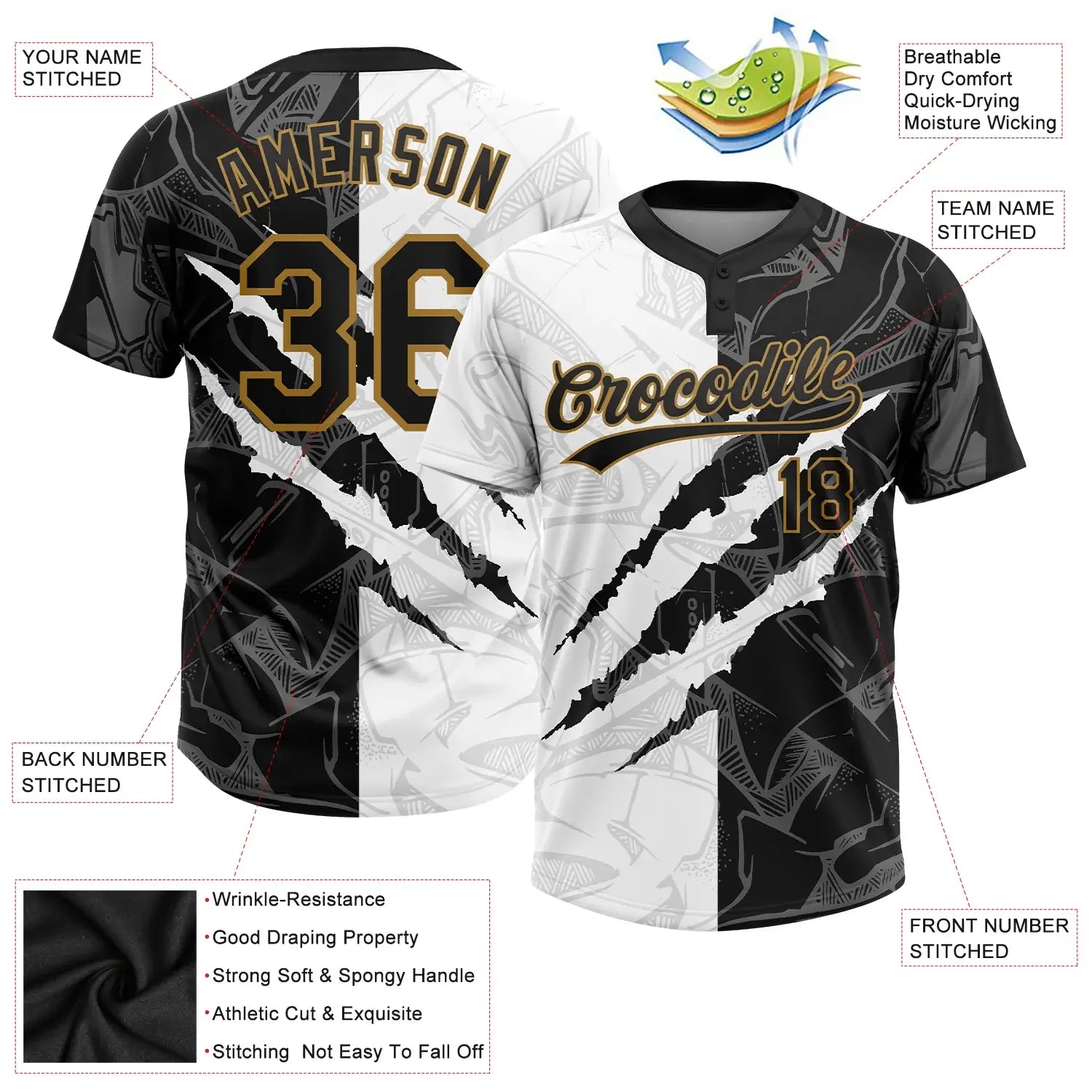 Custom 2-Button Graffiti Pattern Softball Jersey 3D Black Old Gold Sublimation, Custom Name Number, Women Girls Unisex Youth