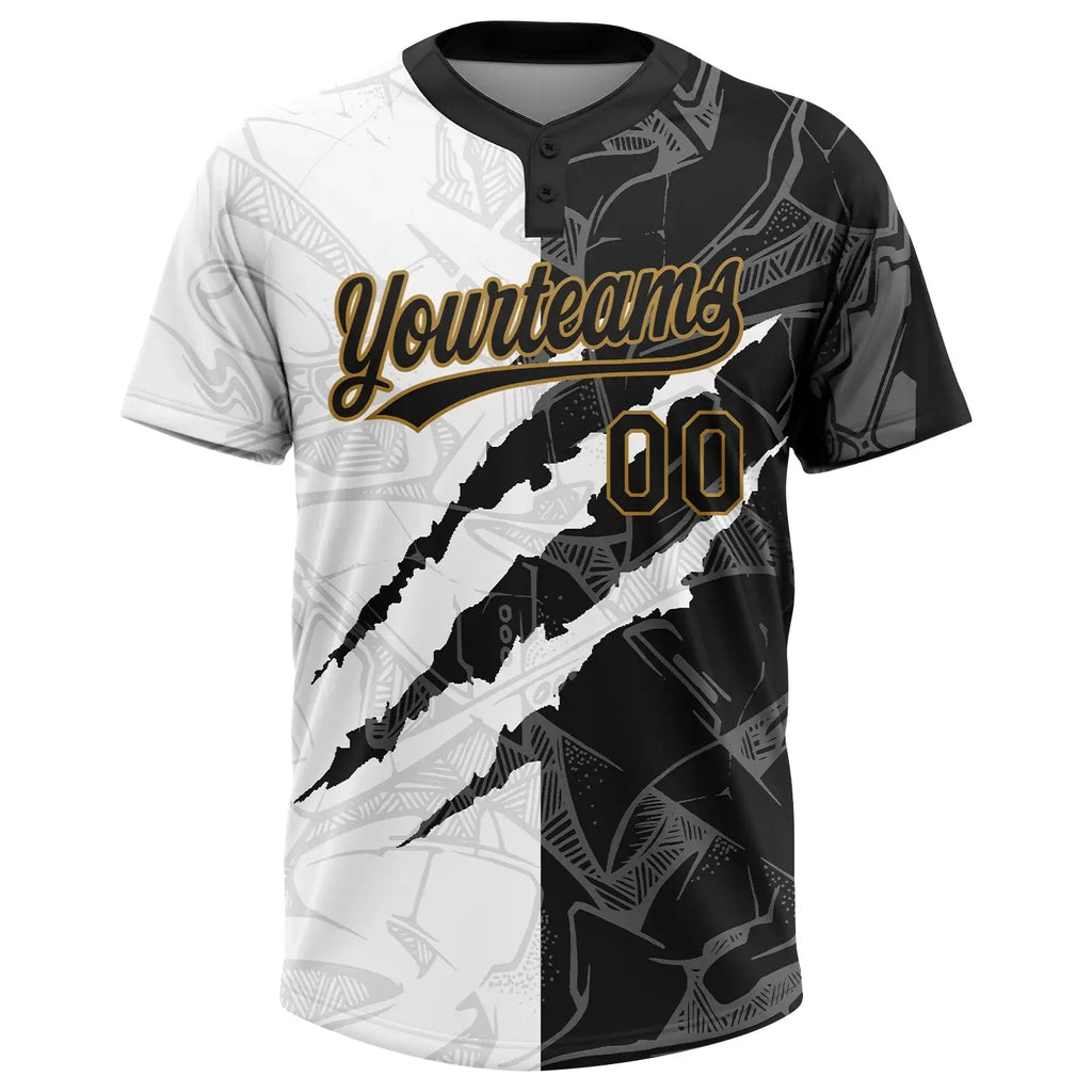 Custom 2-Button Graffiti Pattern Softball Jersey 3D Black Old Gold Sublimation, Custom Name Number, Women Girls Unisex Youth