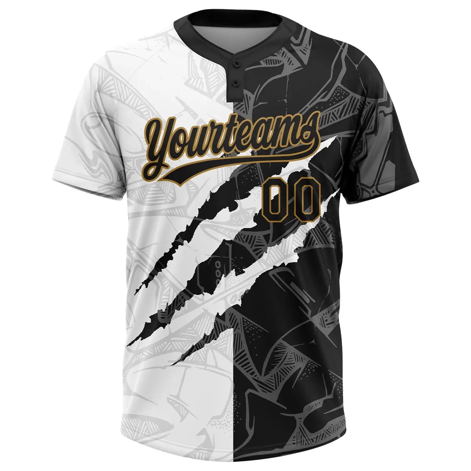 Custom 2-Button Graffiti Pattern Softball Jersey 3D Black Old Gold Sublimation, Custom Name Number, Women Girls Unisex Youth