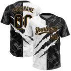 Custom 2-Button Graffiti Pattern Softball Jersey 3D Black Old Gold Sublimation, Custom Name Number, Women Girls Unisex Youth