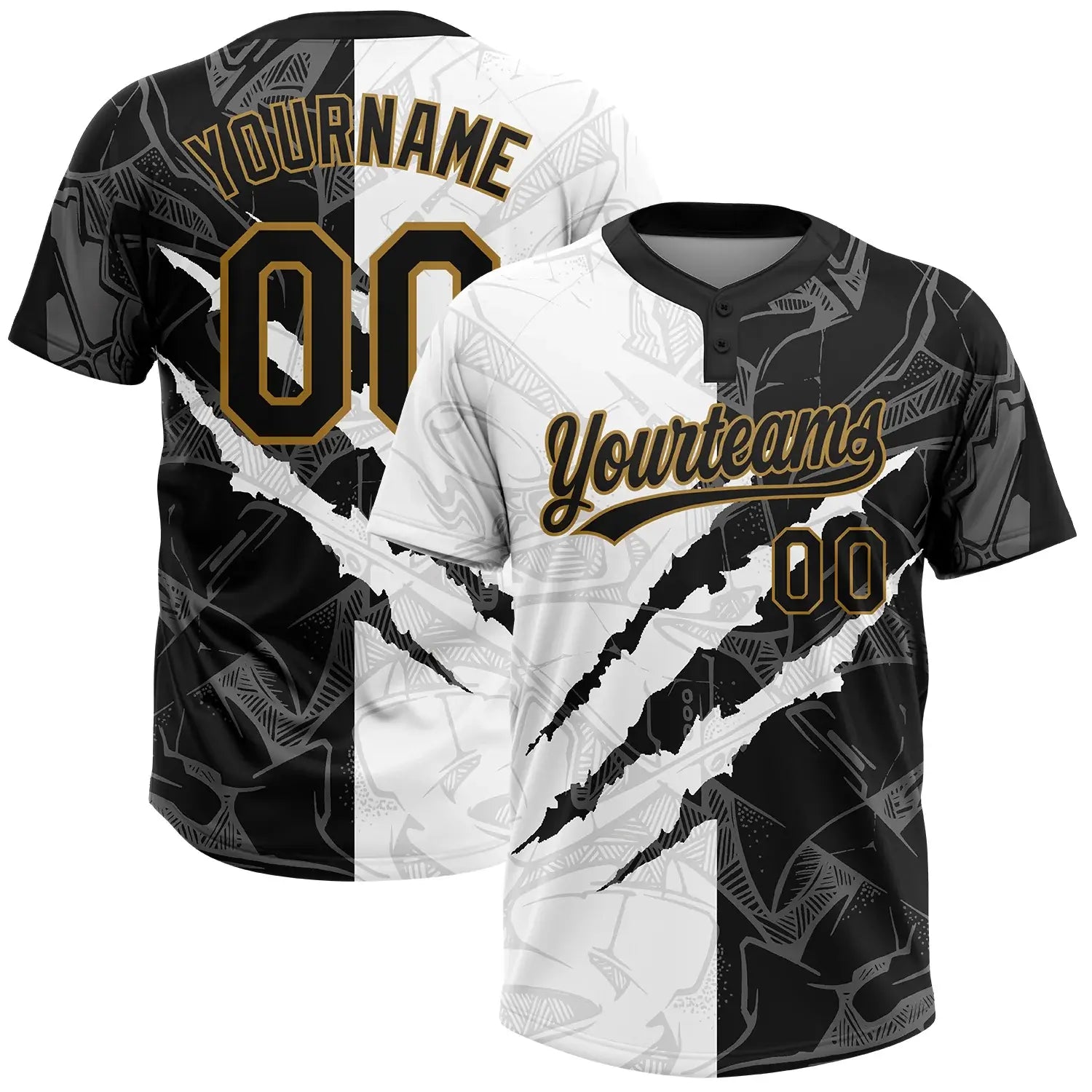 Custom 2-Button Graffiti Pattern Softball Jersey 3D Black Old Gold Sublimation, Custom Name Number, Women Girls Unisex Youth