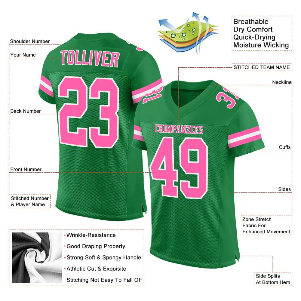 Custom Mesh Football Jersey Grass Green Pink White Pro Style Sublimation, Custom Name Number, Men Youth Unisex