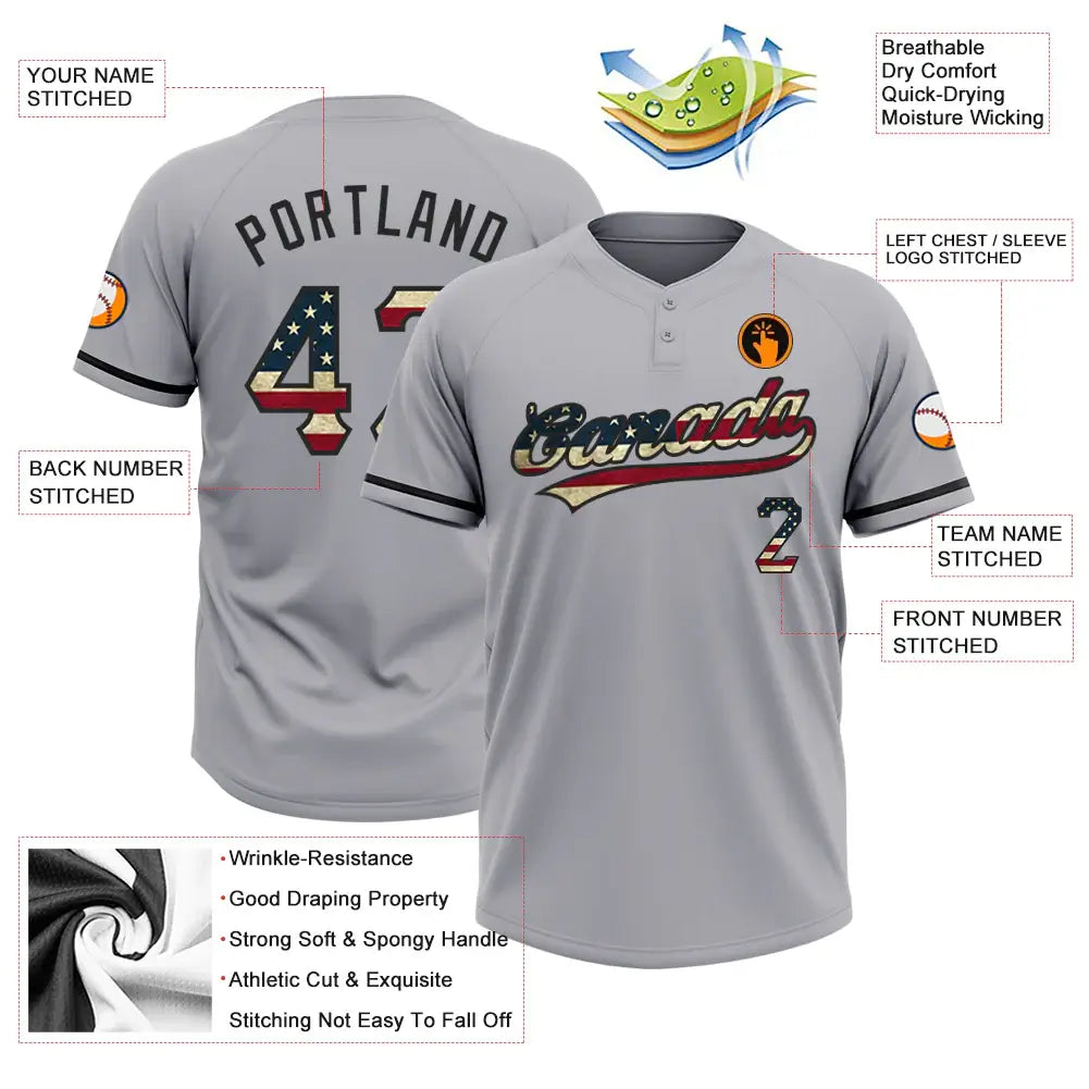 Custom 2-Button Softball Jersey Gray Vintage USA Flag Black Sublimation, Custom Name Number, Women Girls Unisex Youth