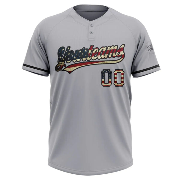 Custom 2-Button Softball Jersey Gray Vintage USA Flag Black Sublimation, Custom Name Number, Women Girls Unisex Youth
