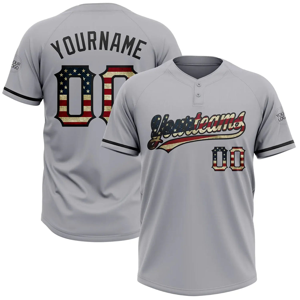 Custom 2-Button Softball Jersey Gray Vintage USA Flag Black Sublimation, Custom Name Number, Women Girls Unisex Youth