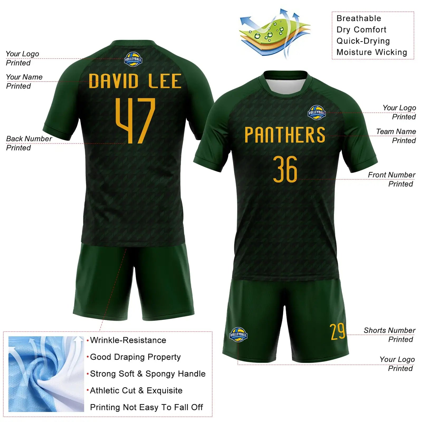 Custom Geometric Shape Volleyball Jersey Green Gold Sublimation, Custom Name Number, Women Girls Unisex Youth