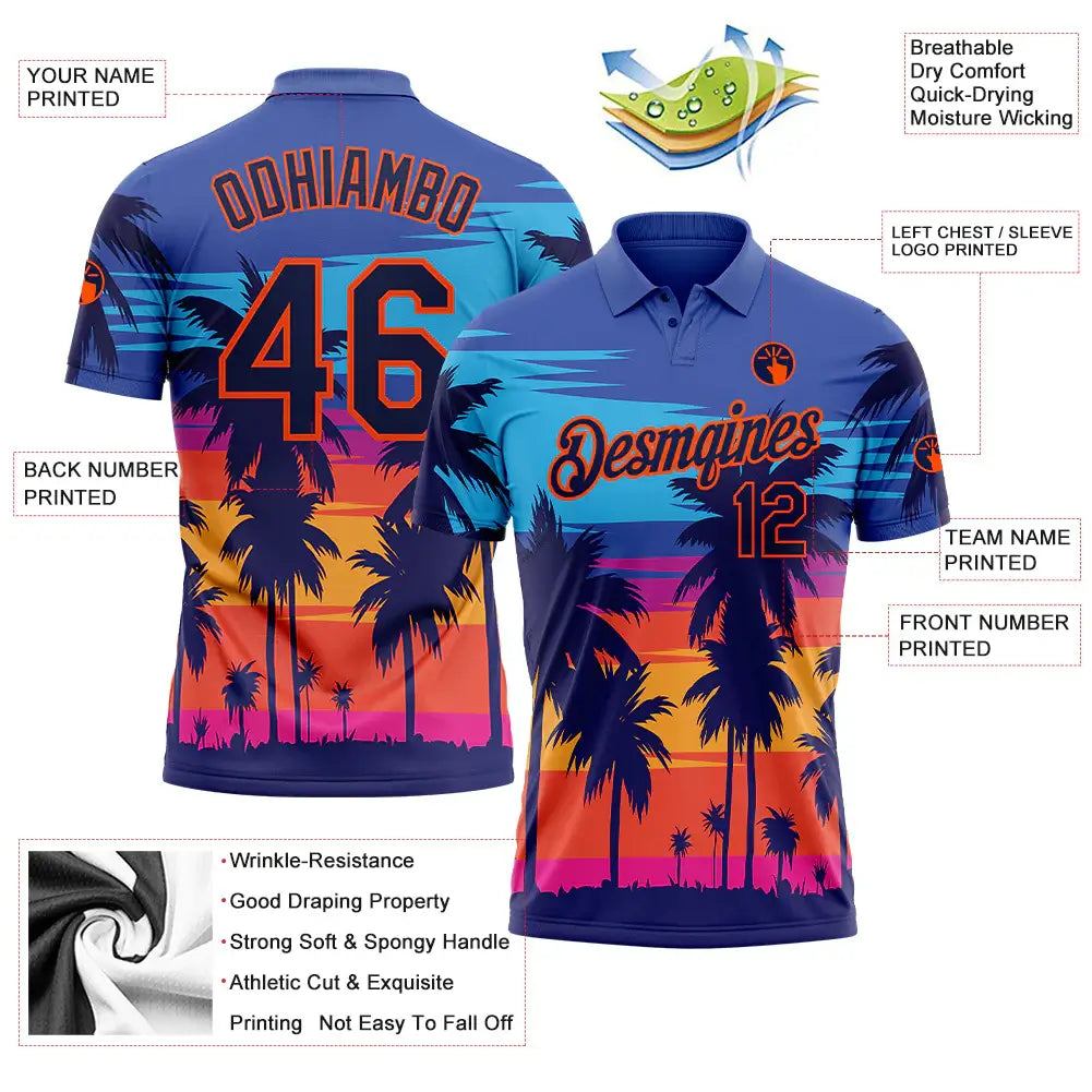 Custom Powder Blue Navy Orange 3D Pattern Design Hawaii Palm Trees Performance Golf Polo Shirt Sublimation, Custom Logo, Men Women Unisex