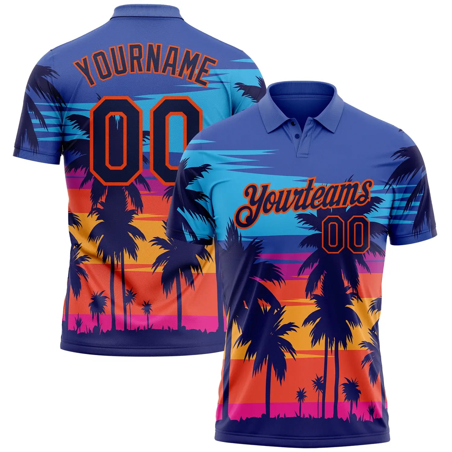 Custom Powder Blue Navy Orange 3D Pattern Design Hawaii Palm Trees Performance Golf Polo Shirt Sublimation, Custom Logo, Men Women Unisex