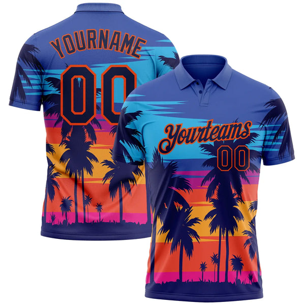 Custom Powder Blue Navy Orange 3D Pattern Design Hawaii Palm Trees Performance Golf Polo Shirt Sublimation, Custom Logo, Men Women Unisex