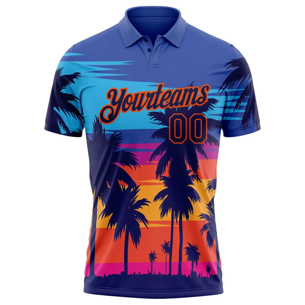 Custom Powder Blue Navy Orange 3D Pattern Design Hawaii Palm Trees Performance Golf Polo Shirt Sublimation, Custom Logo, Men Women Unisex
