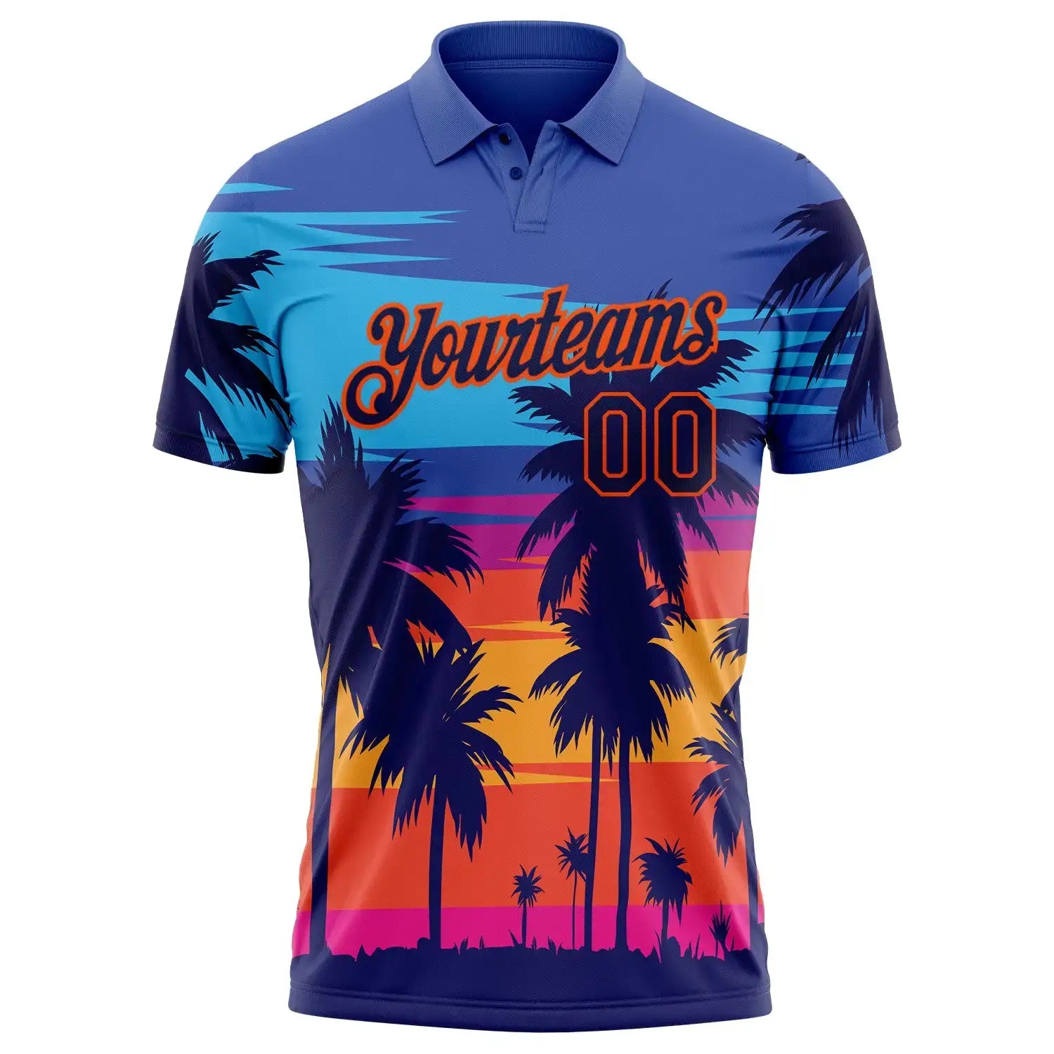 Custom Powder Blue Navy Orange 3D Pattern Design Hawaii Palm Trees Performance Golf Polo Shirt Sublimation, Custom Logo, Men Women Unisex