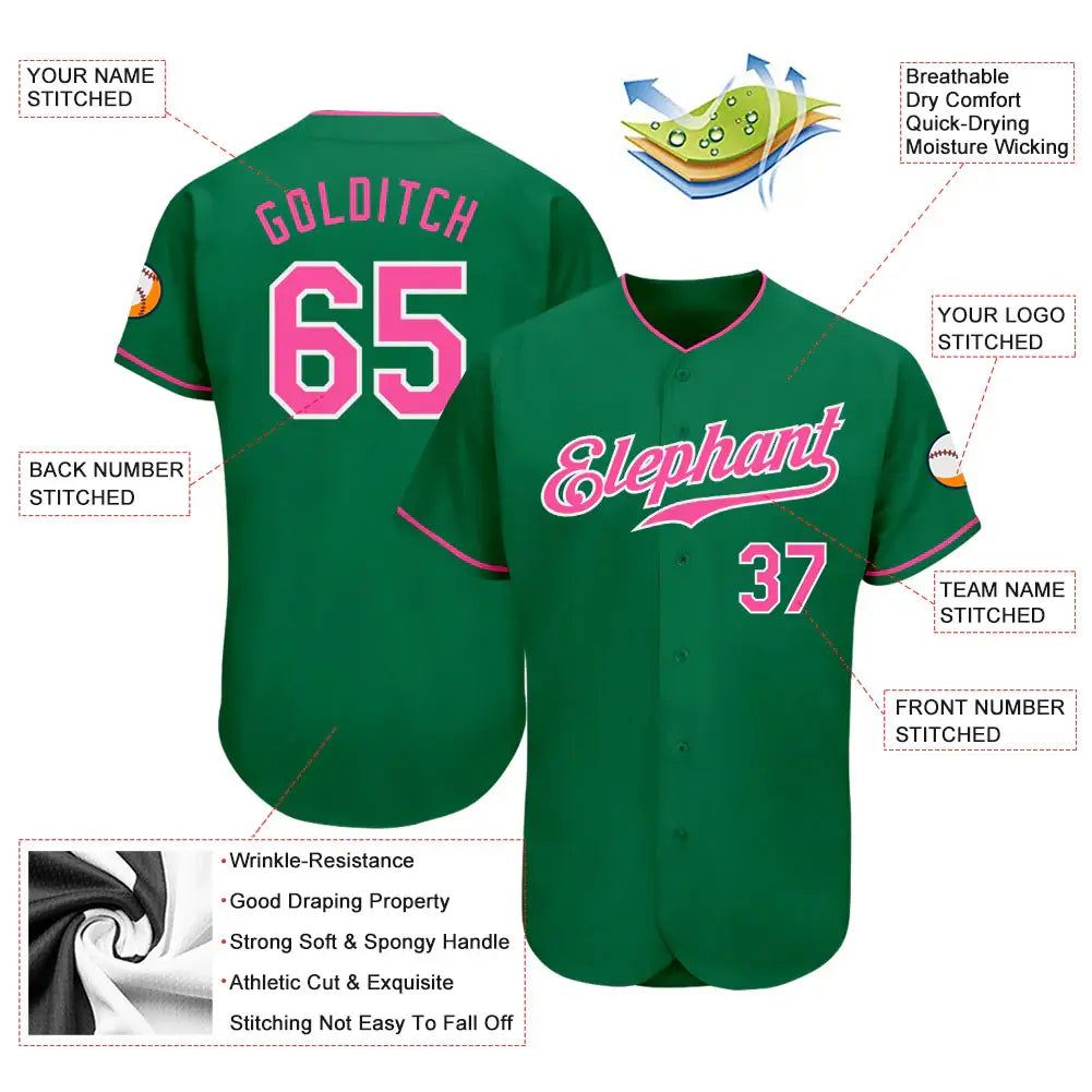 Custom Baseball Jersey Kelly Green Pink White Sublimation, Custom Name Number, Men Youth Unisex
