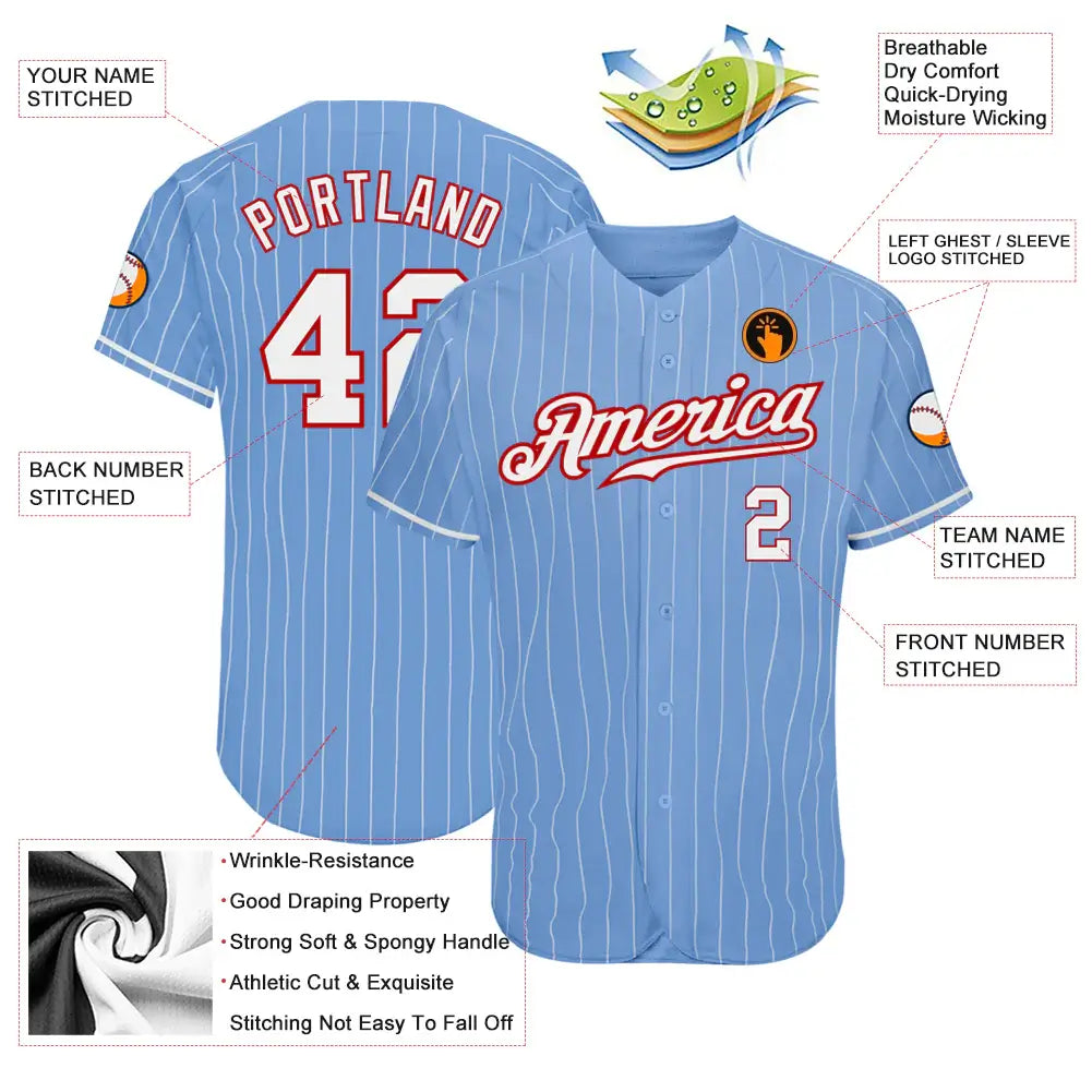 Custom Light Blue White Pinstripe Baseball Jersey White Red Sublimation, Custom Name Number, Men Youth Unisex