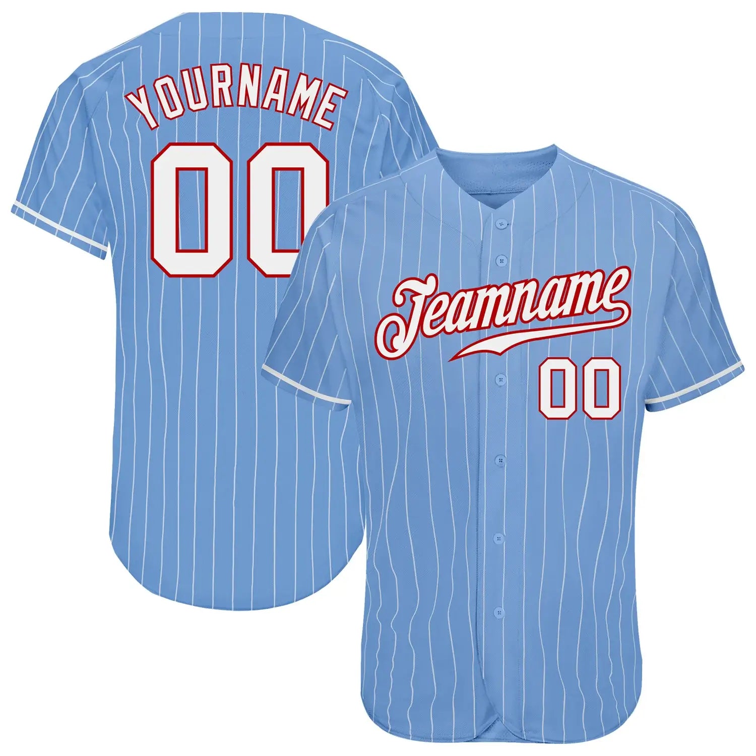 Custom Light Blue White Pinstripe Baseball Jersey White Red Sublimation, Custom Name Number, Men Youth Unisex
