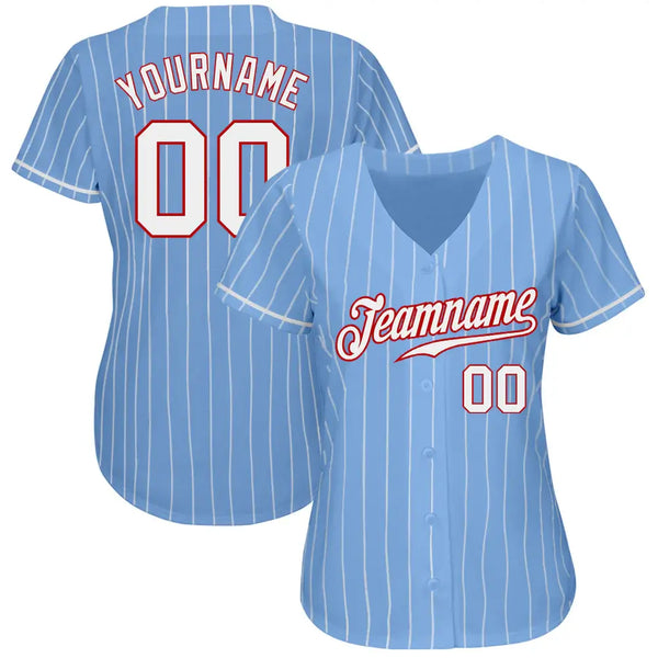 Custom Light Blue White Pinstripe Baseball Jersey White Red Sublimation, Custom Name Number, Men Youth Unisex