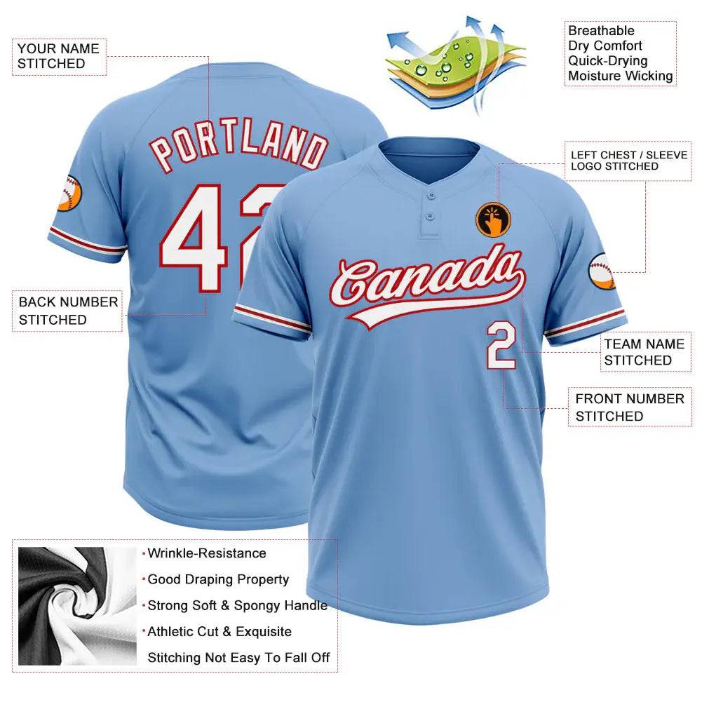 Custom 2-Button Softball Jersey Light Blue White Red Sublimation, Custom Name Number, Women Girls Unisex Youth