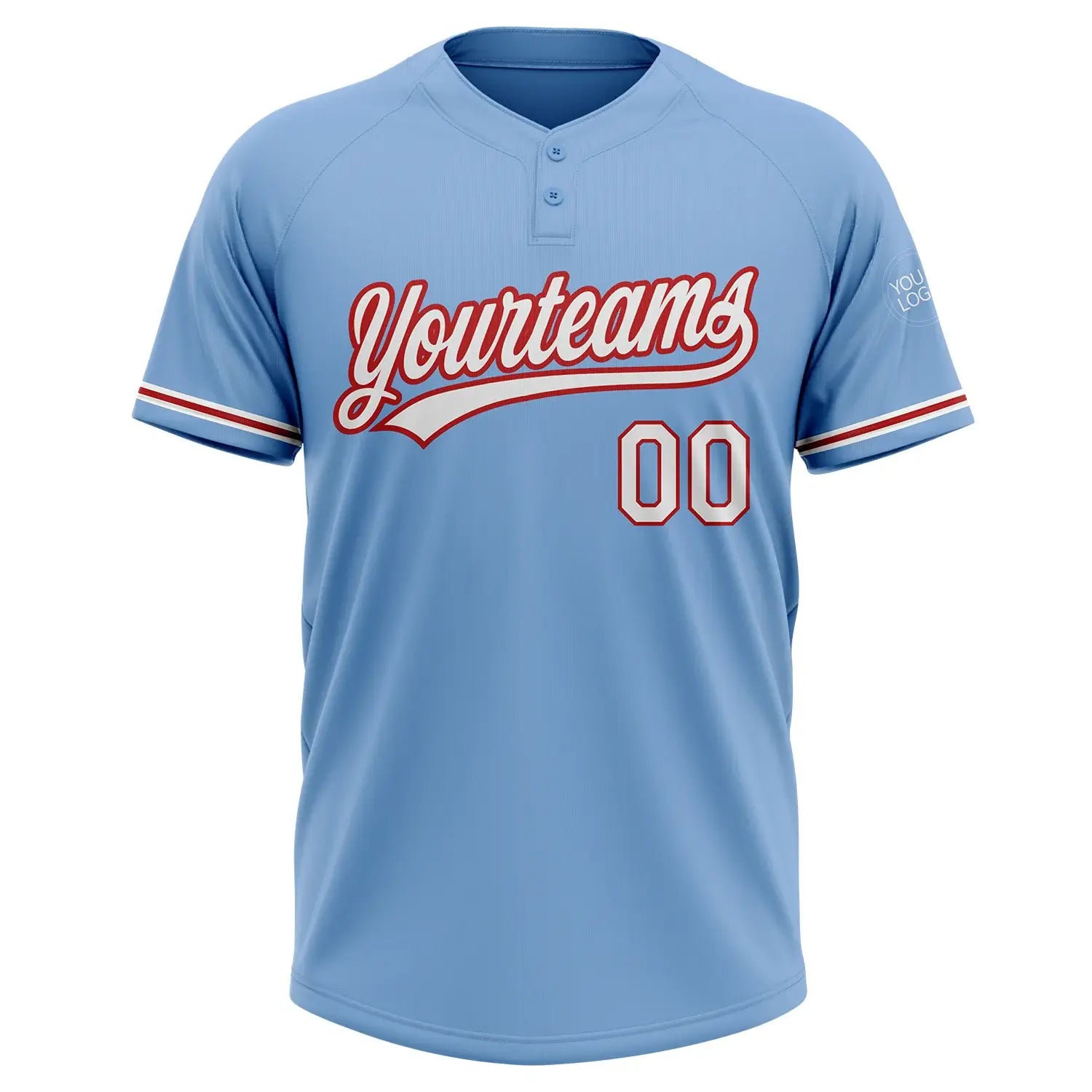 Custom 2-Button Softball Jersey Light Blue White Red Sublimation, Custom Name Number, Women Girls Unisex Youth