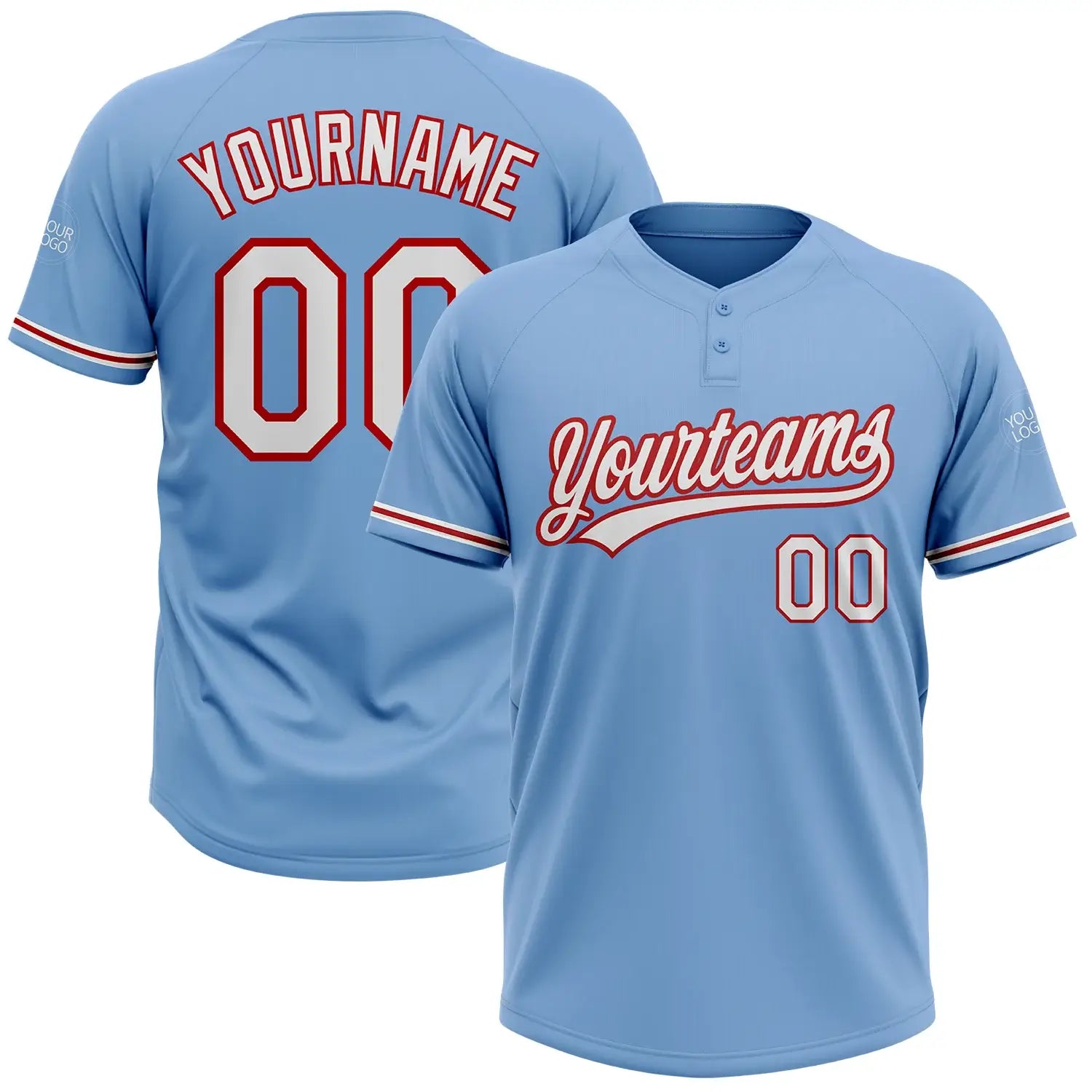 Custom 2-Button Softball Jersey Light Blue White Red Sublimation, Custom Name Number, Women Girls Unisex Youth