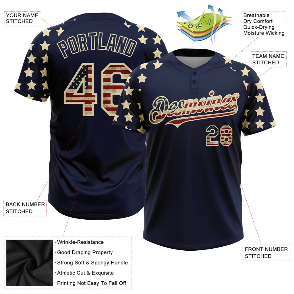 Custom 2-Button Softball Jersey American Flag Fashion Navy Vintage USA Flag Cream Sublimation, Custom Name Number, Women Girls Unisex Youth