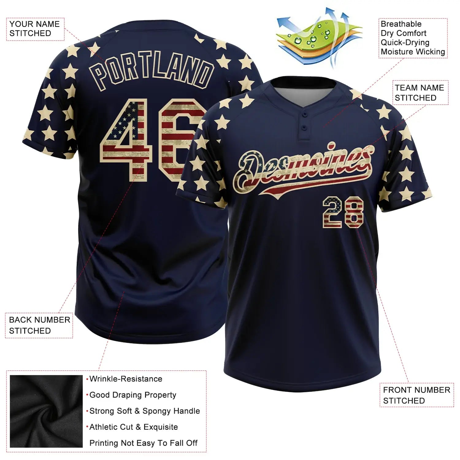 Custom 2-Button Softball Jersey American Flag Fashion Navy Vintage USA Flag Cream Sublimation, Custom Name Number, Women Girls Unisex Youth