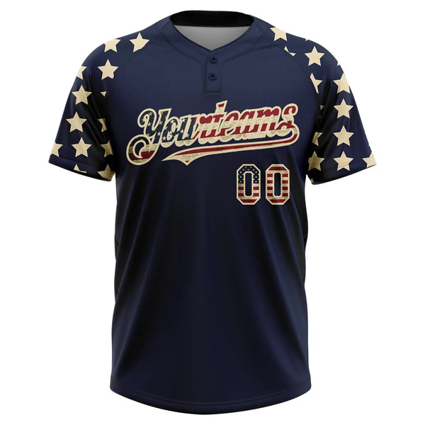 Custom 2-Button Softball Jersey American Flag Fashion Navy Vintage USA Flag Cream Sublimation, Custom Name Number, Women Girls Unisex Youth
