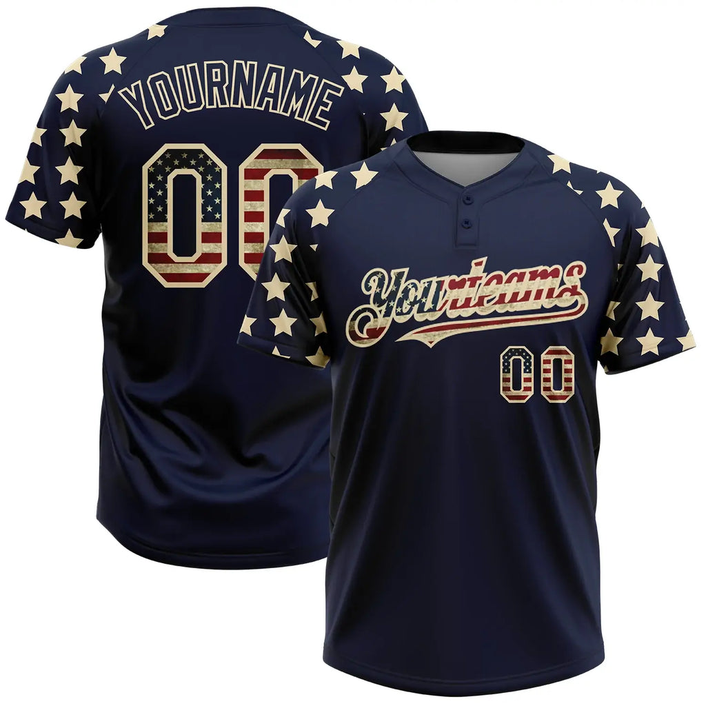 Custom 2-Button Softball Jersey American Flag Fashion Navy Vintage USA Flag Cream Sublimation, Custom Name Number, Women Girls Unisex Youth