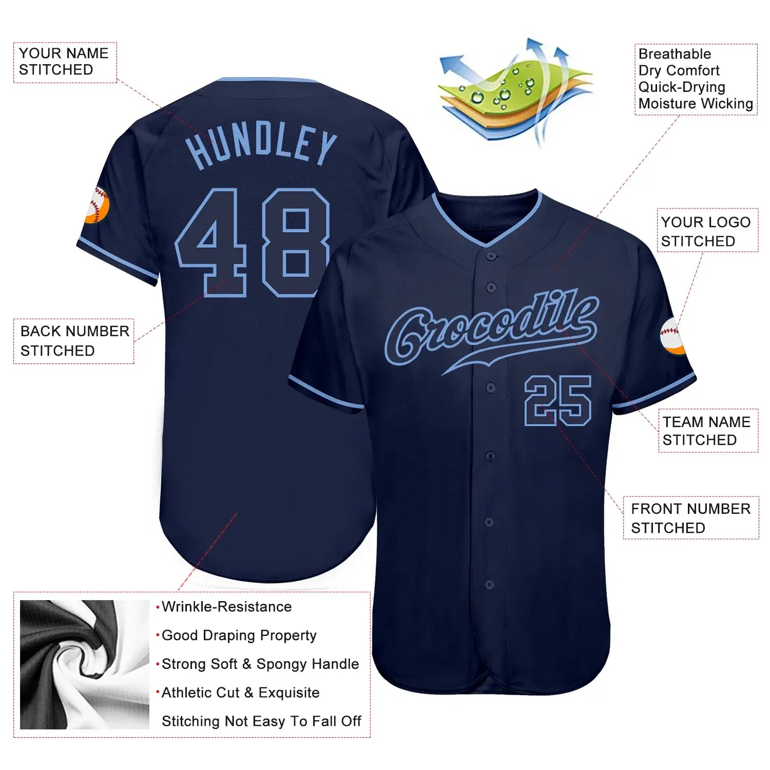 Custom Baseball Jersey Navy Light Blue Sublimation, Custom Name Number, Men Youth Unisex