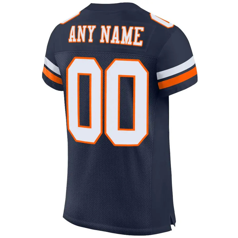 Custom Mesh Football Jersey Navy White Orange Pro Style Sublimation, Custom Name Number, Men Youth Unisex