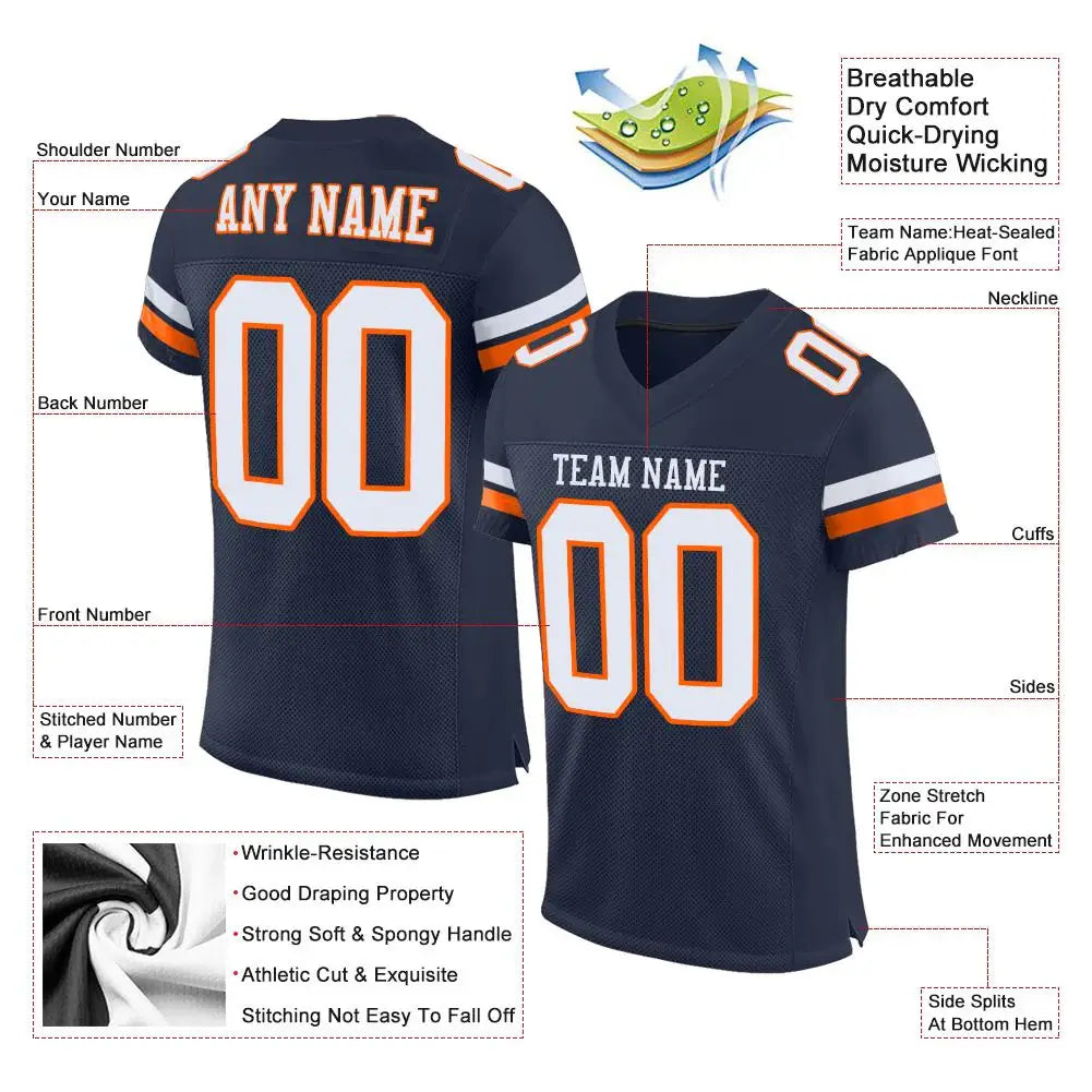 Custom Mesh Football Jersey Navy White Orange Pro Style Sublimation, Custom Name Number, Men Youth Unisex