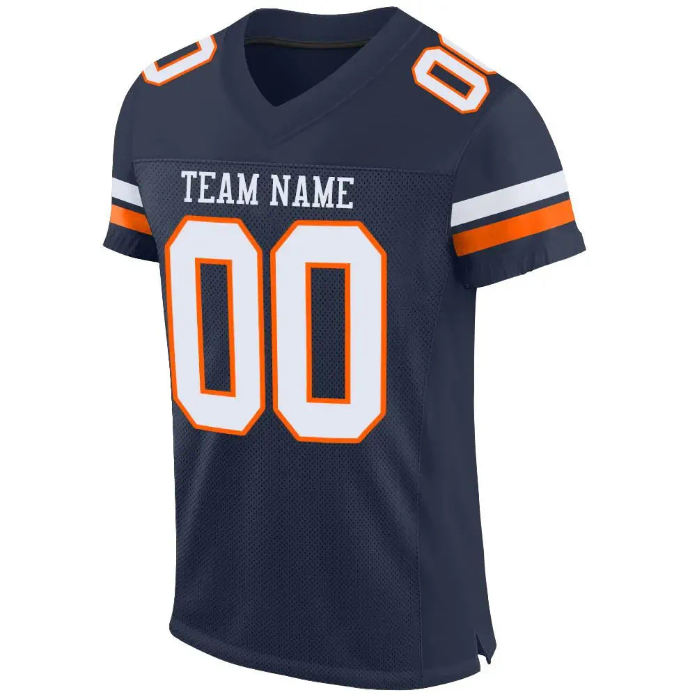 Custom Mesh Football Jersey Navy White Orange Pro Style Sublimation, Custom Name Number, Men Youth Unisex