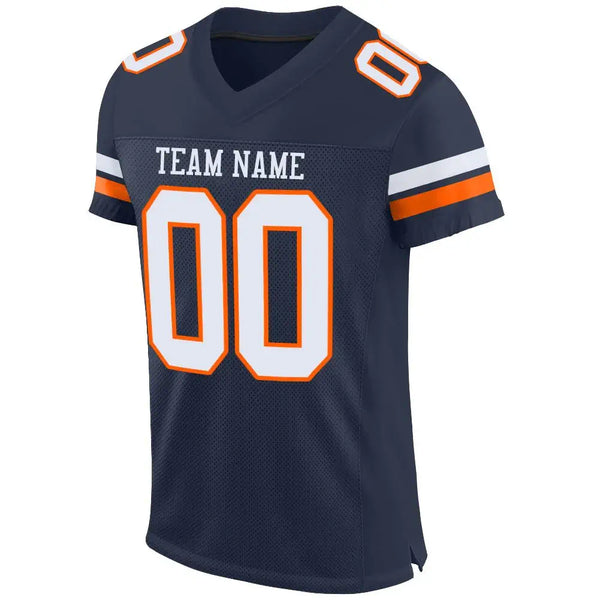 Custom Mesh Football Jersey Navy White Orange Pro Style Sublimation, Custom Name Number, Men Youth Unisex