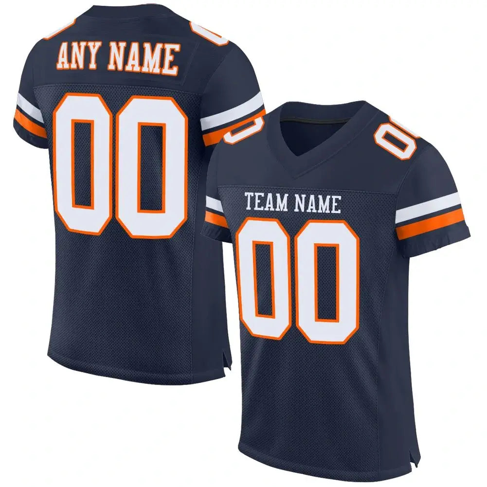 Custom Mesh Football Jersey Navy White Orange Pro Style Sublimation, Custom Name Number, Men Youth Unisex