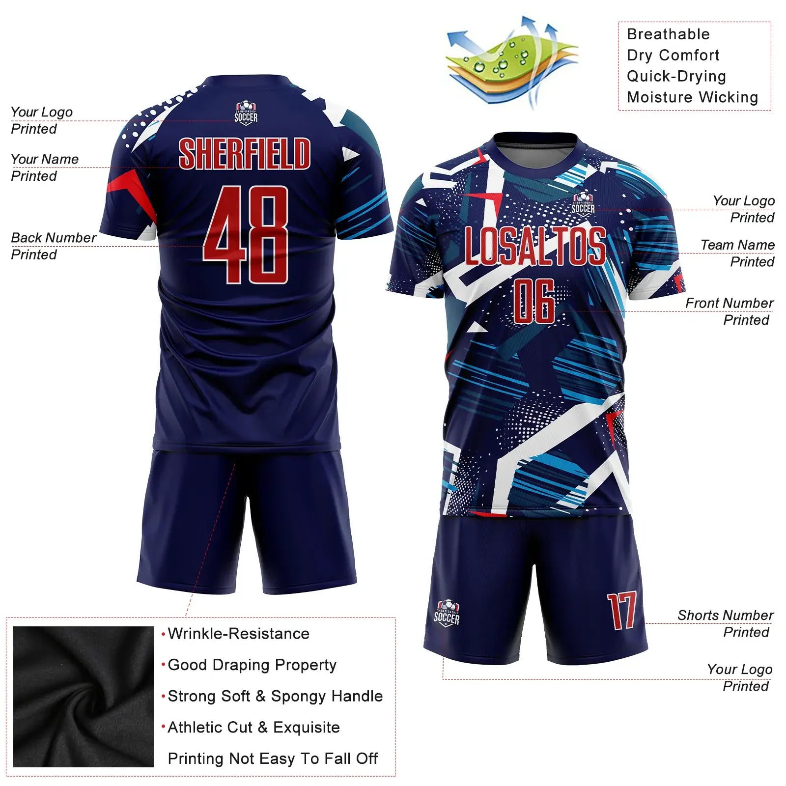 Custom Soccer Jersey Navy Red White Sublimation, Team Uniform Kit, Custom Name Number, Unisex Men Women Youth