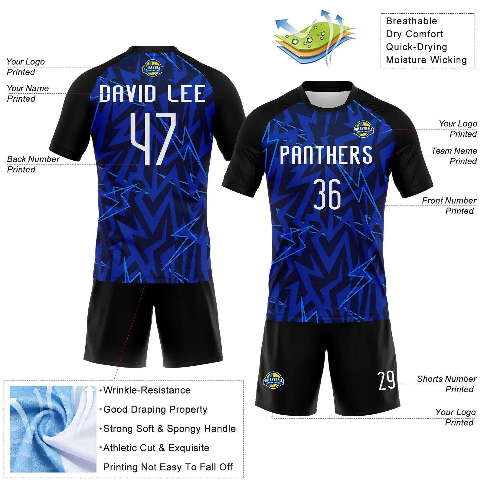 Custom Volleyball Jersey Navy Thunder Blue Black Lightning Sublimation, Custom Name Number, Women Girls Unisex Youth