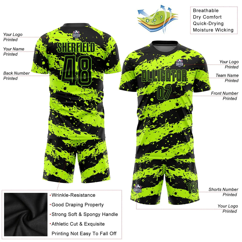 Custom Soccer Jersey Neon Green Black Sublimation, Team Uniform Kit, Custom Name Number, Unisex Men Women Youth