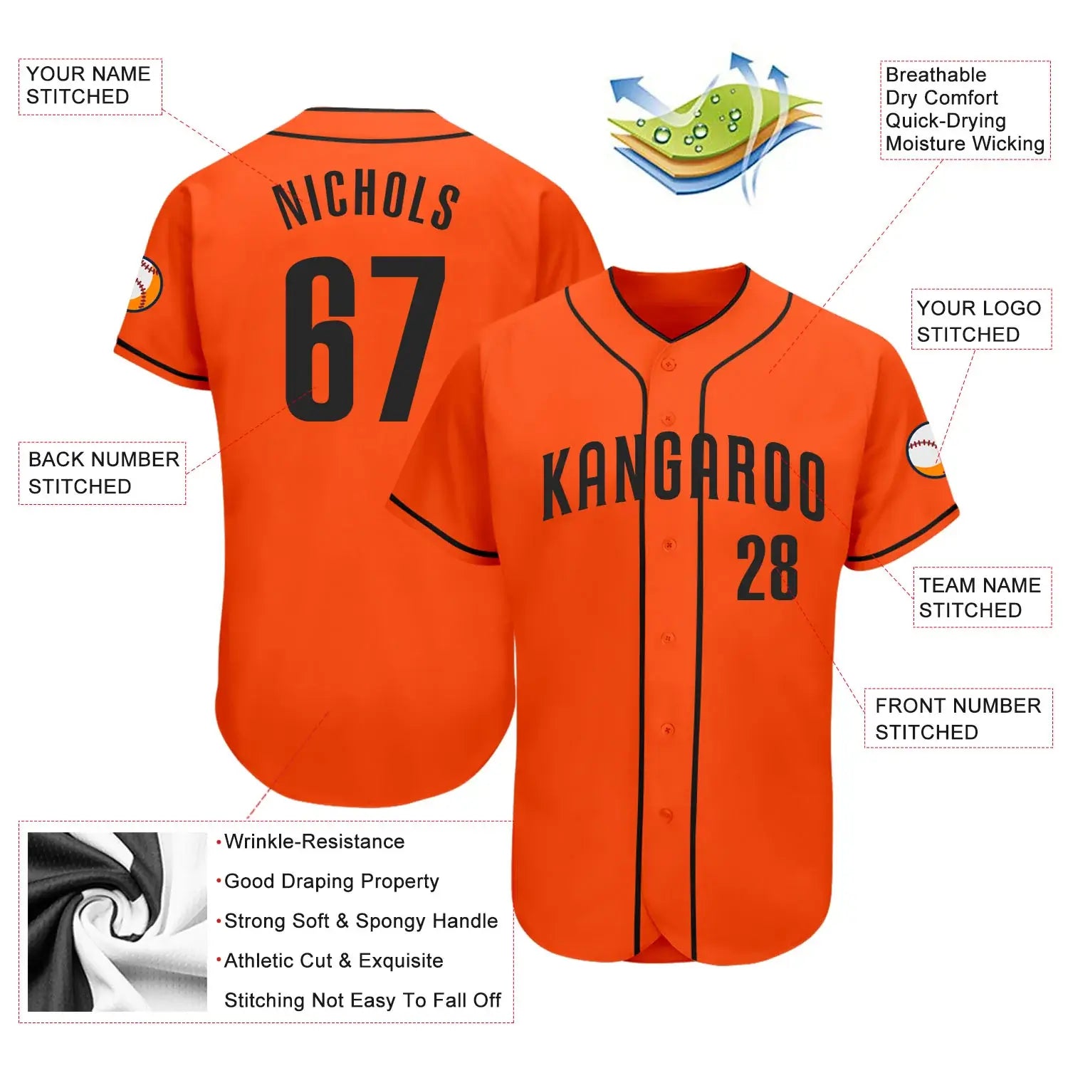 Custom Baseball Jersey Orange Black Sublimation, Custom Name Number, Men Youth Unisex