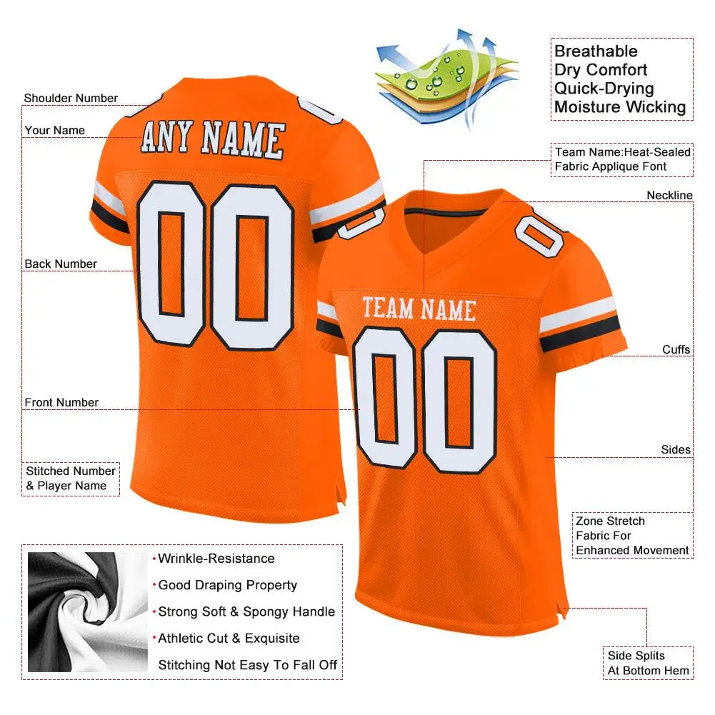 Custom Mesh Football Jersey Orange White Black Pro Style Sublimation, Custom Name Number, Men Youth Unisex