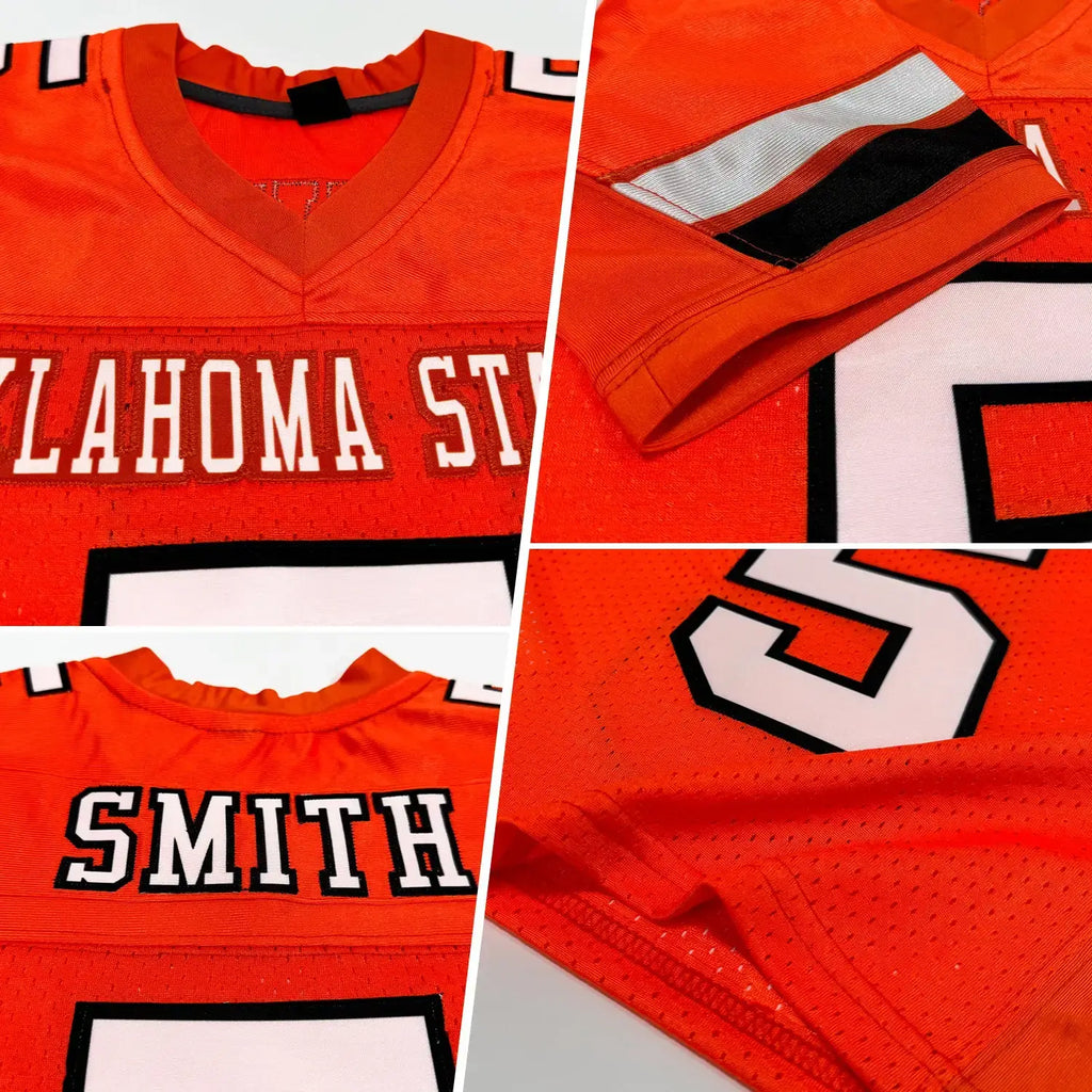 Custom Mesh Football Jersey Orange White Black Pro Style Sublimation, Custom Name Number, Men Youth Unisex