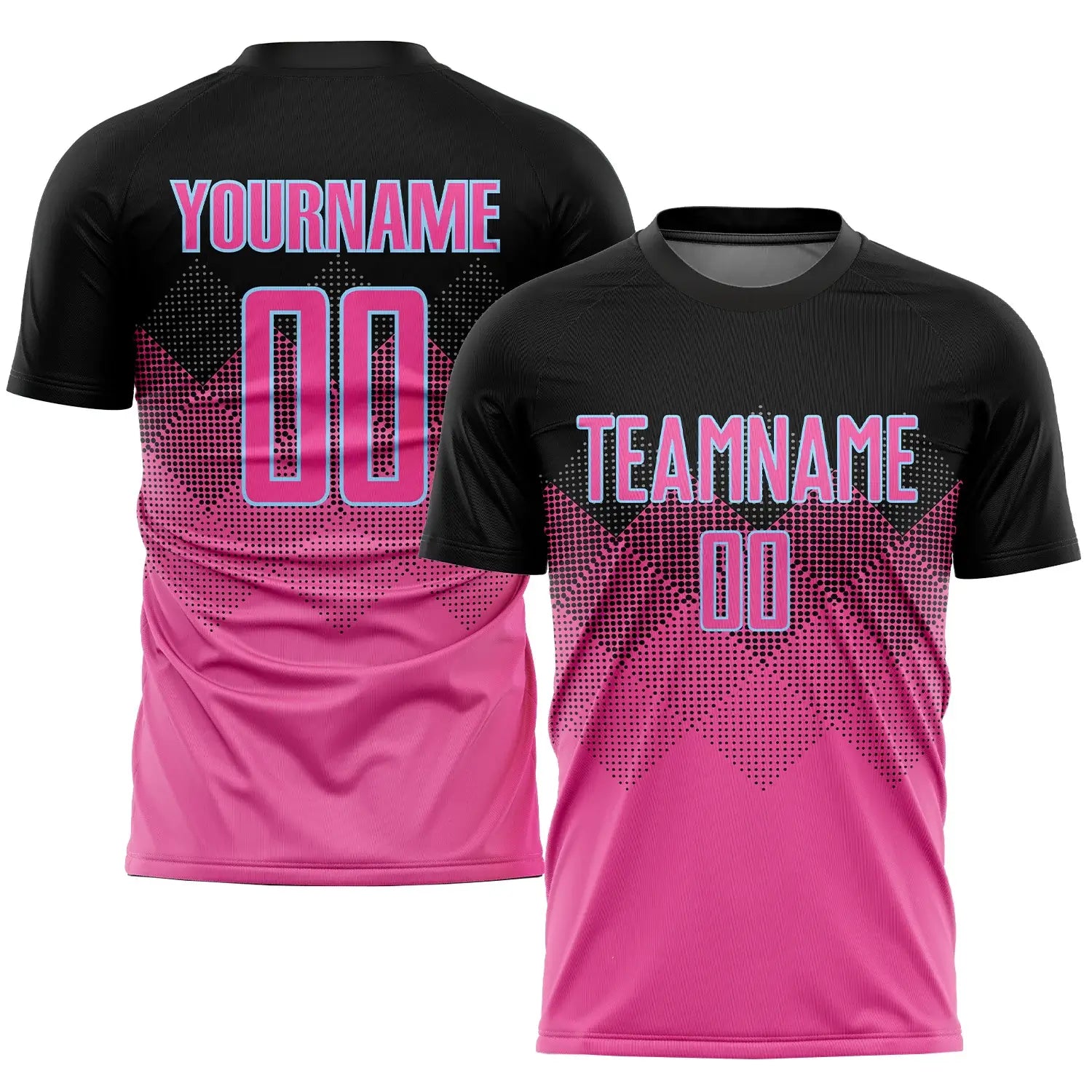 Custom Soccer Jersey Pink Black Light Blue Gradient Square Shape Sublimation, Team Uniform Kit, Custom Name Number, Unisex Men Women Youth