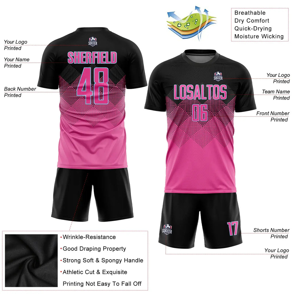 Custom Soccer Jersey Pink Black Light Blue Gradient Square Shape Sublimation, Team Uniform Kit, Custom Name Number, Unisex Men Women Youth